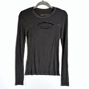 Enza Costa Silk Knit Cutout Long Sleeves Stretch Ribbed Top Charcoal Grey Size S